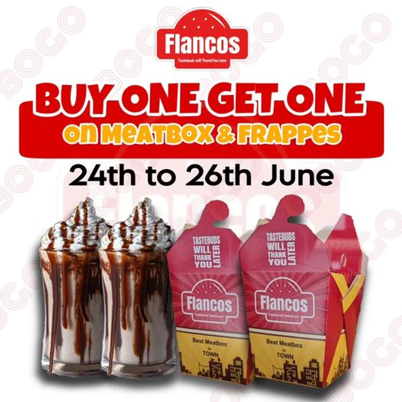 Buy one get one offer on Meatboxes & Frappes at Flancos Banasree