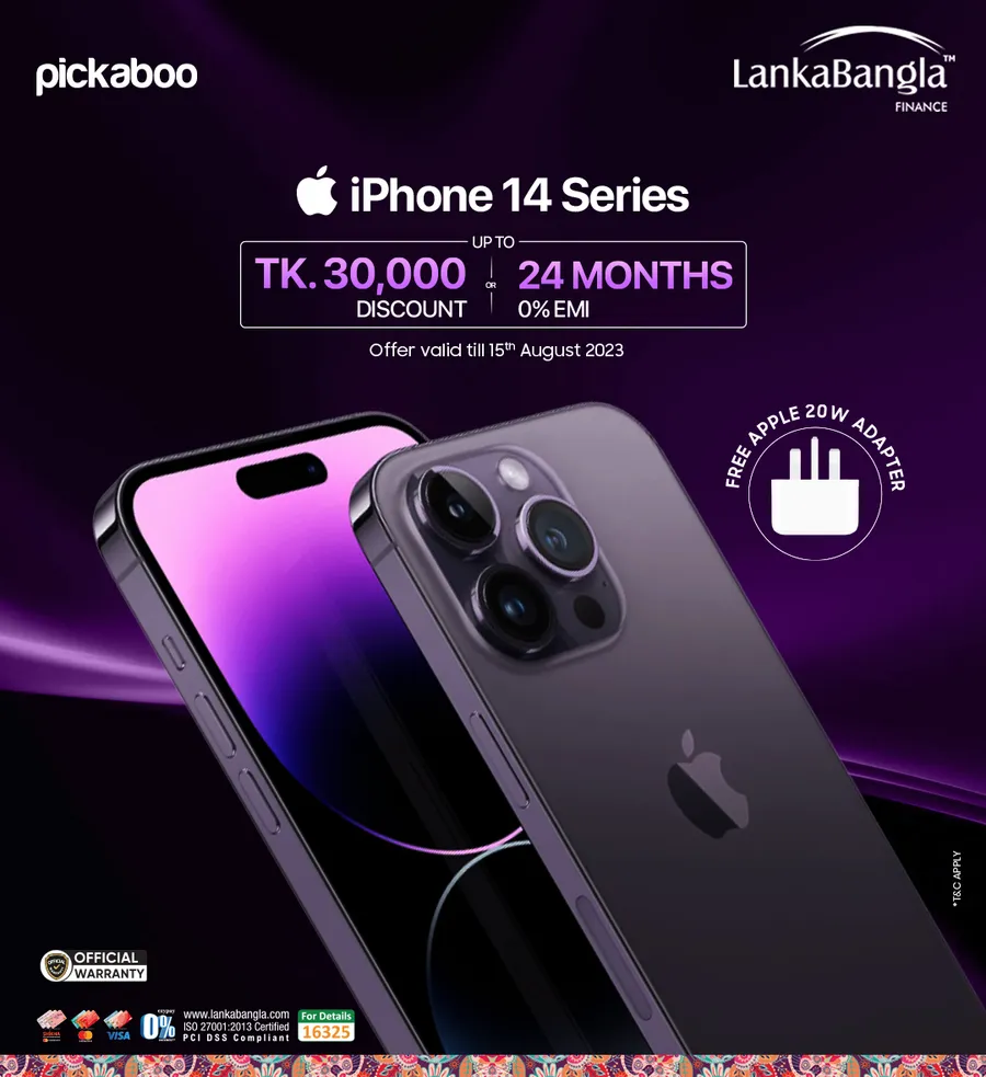 Get Up to BDT 30,000 Instant Discount Or up to 24 Months 0% EMI facilities while buying iPhone 14 Series from pickaboo