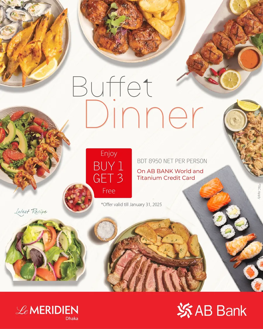 Buy 1 get 3 buffet offer Le Méridien Dhaka using AB Bank cards