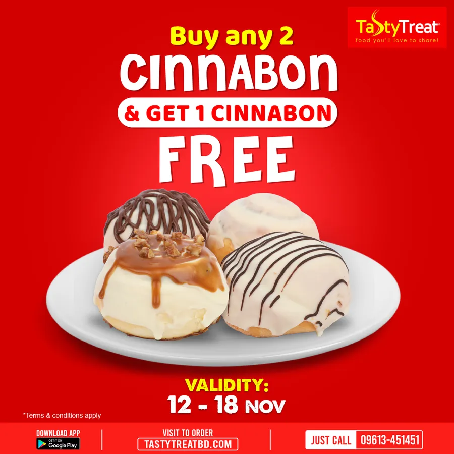 Buy any 2 Cinnabon & get 1 Cinnabon for FREE at Tasty Treat