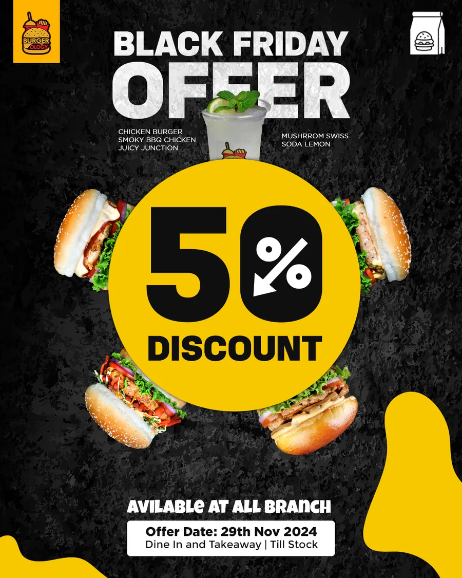 Flat 50% discount on chicken burger all branch at Burgerology