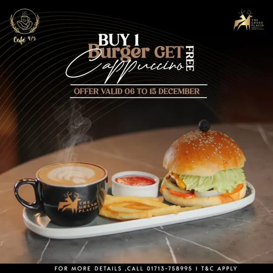 Buy burger or shawarma and get cappuccino at Café 4/5