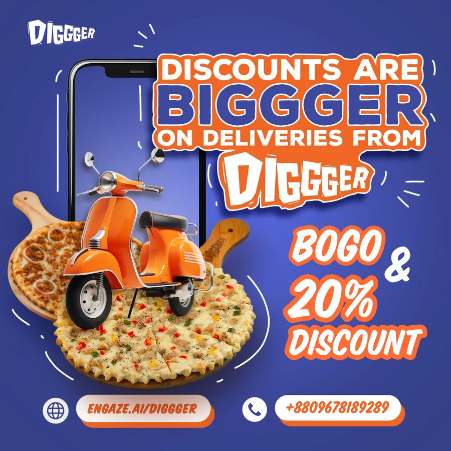 Buy one get one pizza offer at Digger