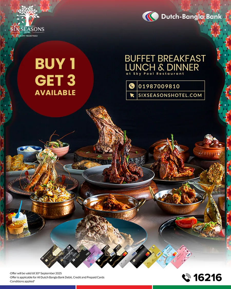 Enjoy Buy 1 Get 3 free buffet breakfast, lunch and dinner with your loved ones at Six Seasons Hotel