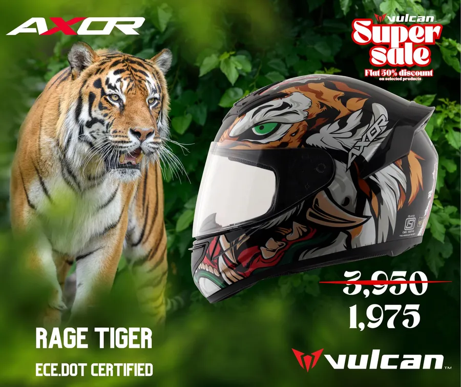 Get AXOR at 50% Discount Rage Tiger ECE.DOT Certified helmet at Vulcan Lifestyle