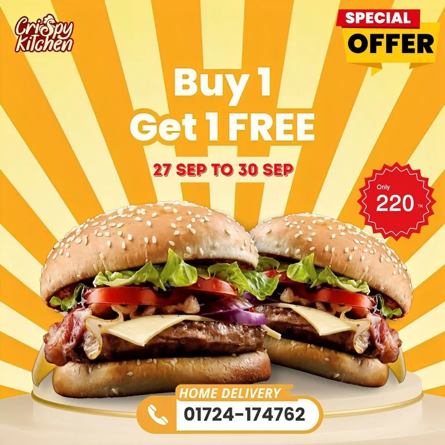 Buy one get one burger offer at Crispy Kitchen