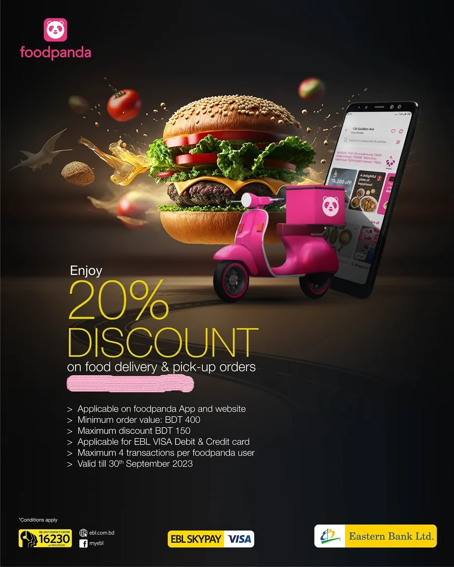 Enjoy 20% discount on food delivery & pick-up orders from foodpanda using EBL Visa cards