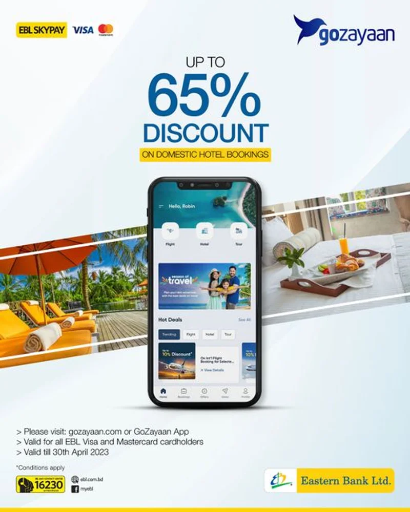 Get up to 65% discount on domestic hotel bookings at EBL