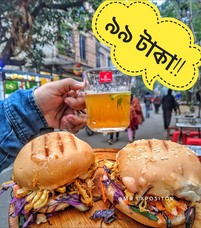 Two burgers and 1 lemon tea only 99 tk at Tea Time