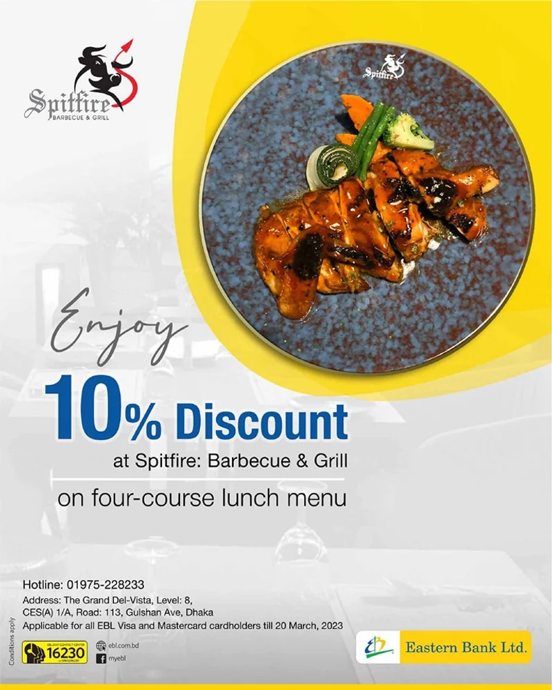 Enjoy 10% discount on four-course lunch menu at Spitfire: Barbecue & Grill using EBL Cards