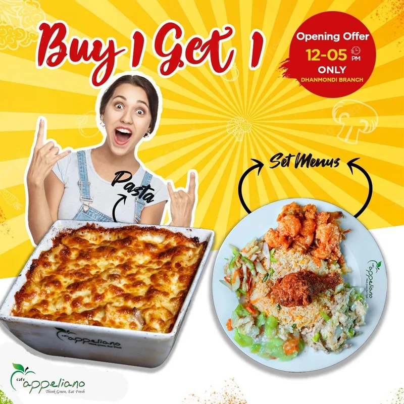 Buy one get one free deal on any pasta and set menus at Cafe Appeliano-Dhanmondi