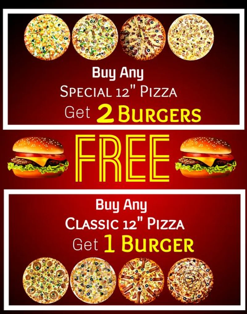 Buy Any Special 12" Pizza And Get 2 Burgers at The Pizza Factory