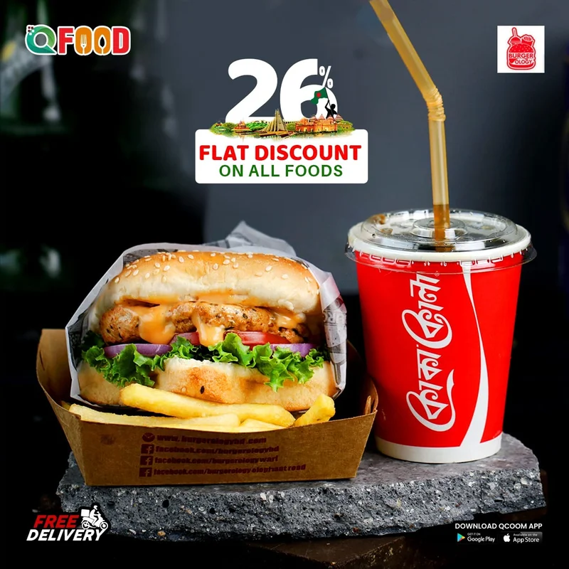 𝟮𝟲% flat discount on QFood and absolutely 𝗙𝗿𝗲𝗲 delivery at fastest speed on all items of Burgerology