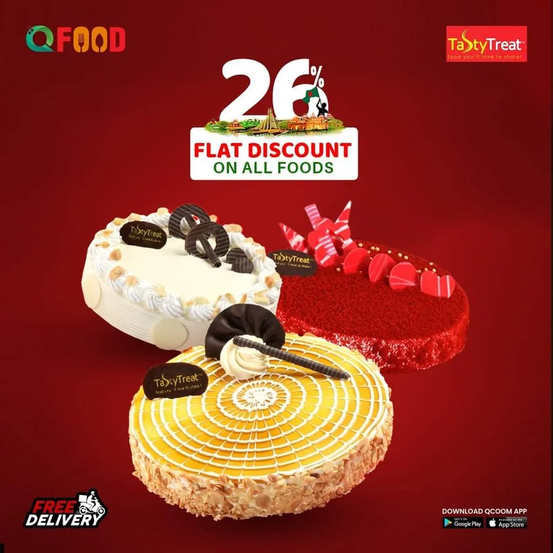 Enjoy 𝟮𝟲% flat discount on QFood and absolutely 𝗙𝗿𝗲𝗲 delivery at fastest speed on all items of 𝗧𝗮𝘀𝘁𝘆 𝗧𝗿𝗲𝗮𝘁.