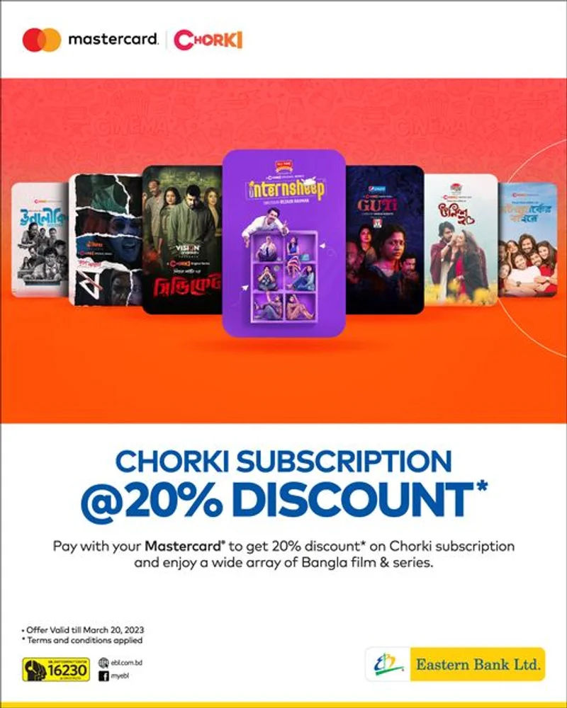 Pay with your EBL Mastercard and get 20% discount on Chorki subscription