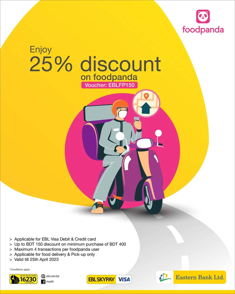 Enjoy 25% discount on foodpanda food delivery & pick-up with EBL Visa Debit & Credit Cards