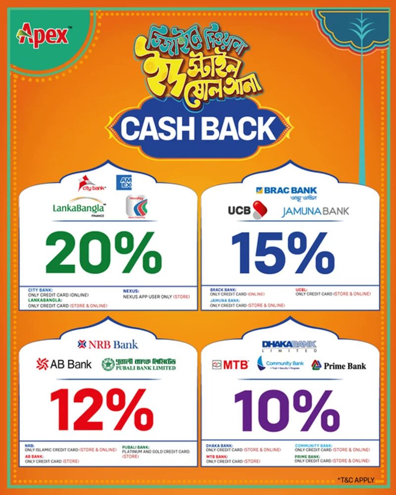 Up to 20% cash back offer for selected banks at Apex