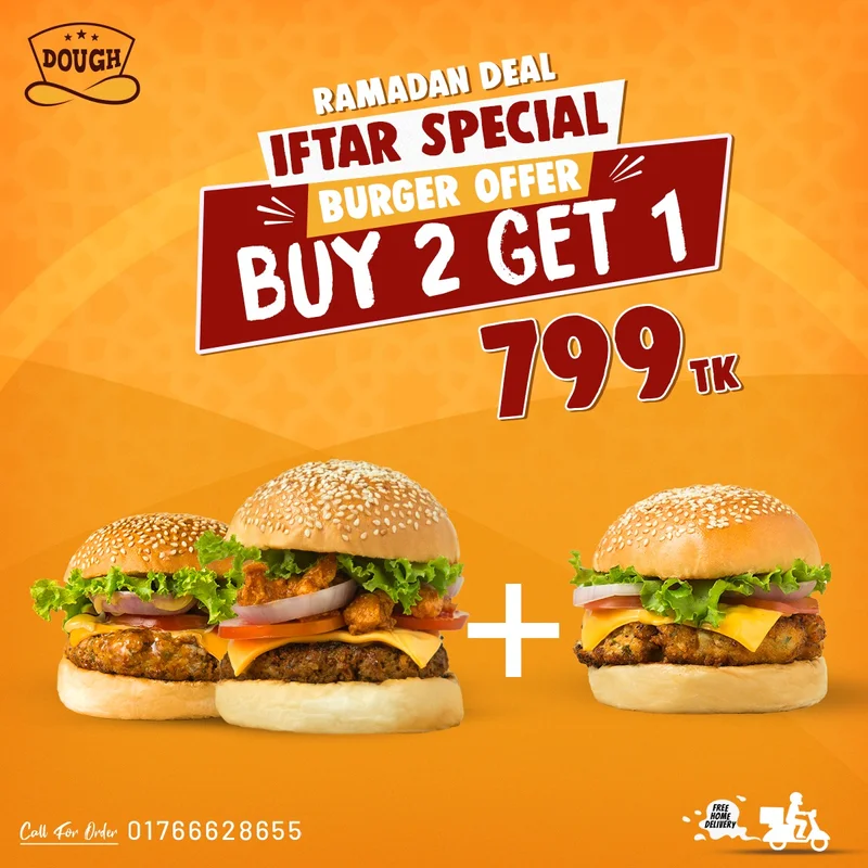 Buy 2 get 1 offer | Burger Offer at Dough