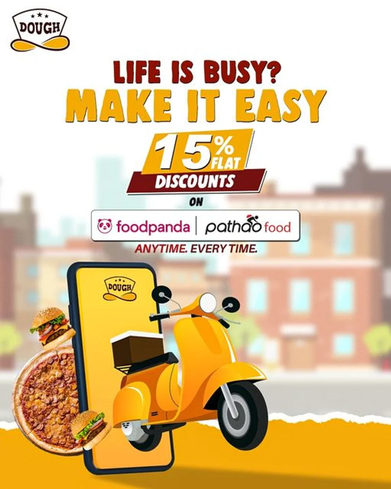 15% discount on all your favorite items at Foodpanda and Pathao Food! Pizza, burgers, fries at Dough