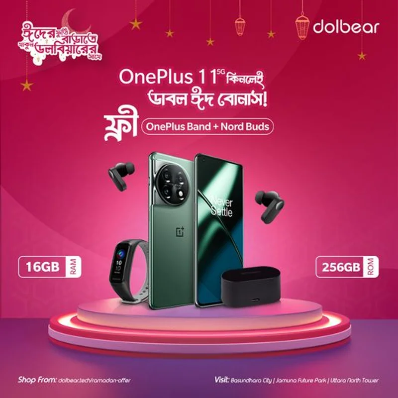 Buy OnePlus 11 5G smartphone and get both the OnePlus Band and the wireless Nord Buds Plus official 12-month warranty at Dolbear