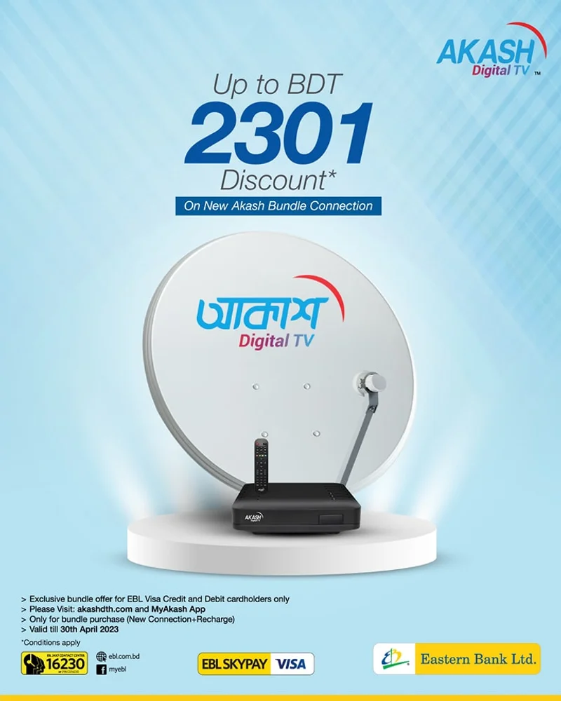 Enjoy up to BDT 2301 discount on new Akash bundle connection on EBL Visa Credit and Debit Card