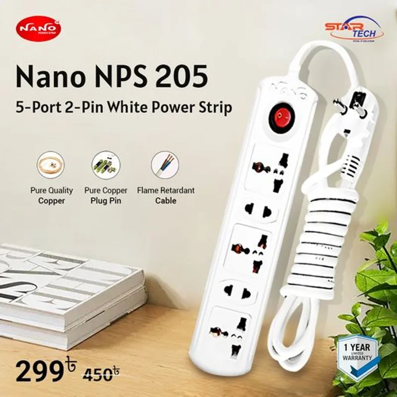 Buy Nano NPS 205 5-Port 2-Pin White Power Strip 33% Discount  From Star Tech