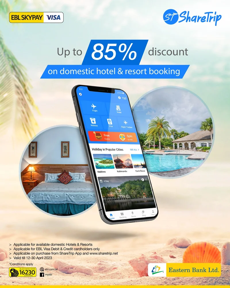 Enjoy up to 85% discount on domestic hotel & resort booking on sharetrip.net