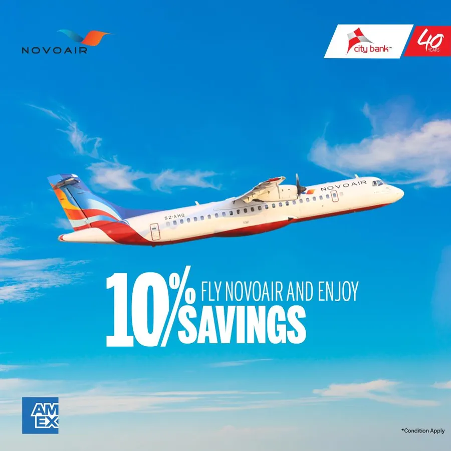 Enjoy 10% savings on all base fares for both international and domestic routes when you purchase air tickets from NOVOAIR with your City Bank American Express Card