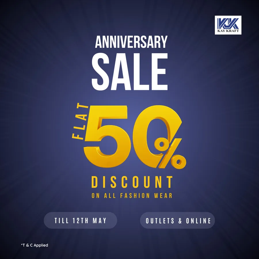 Get 50% flat discount on all fashion wear at all Kay Kraft outlets