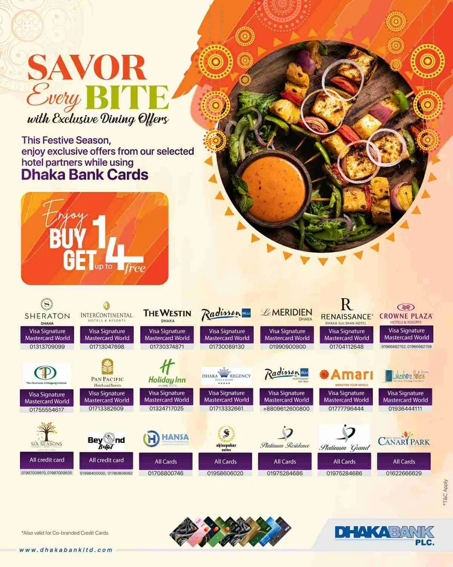 Buy one get UpTo 4 buffet offer using Dhaka Bank card