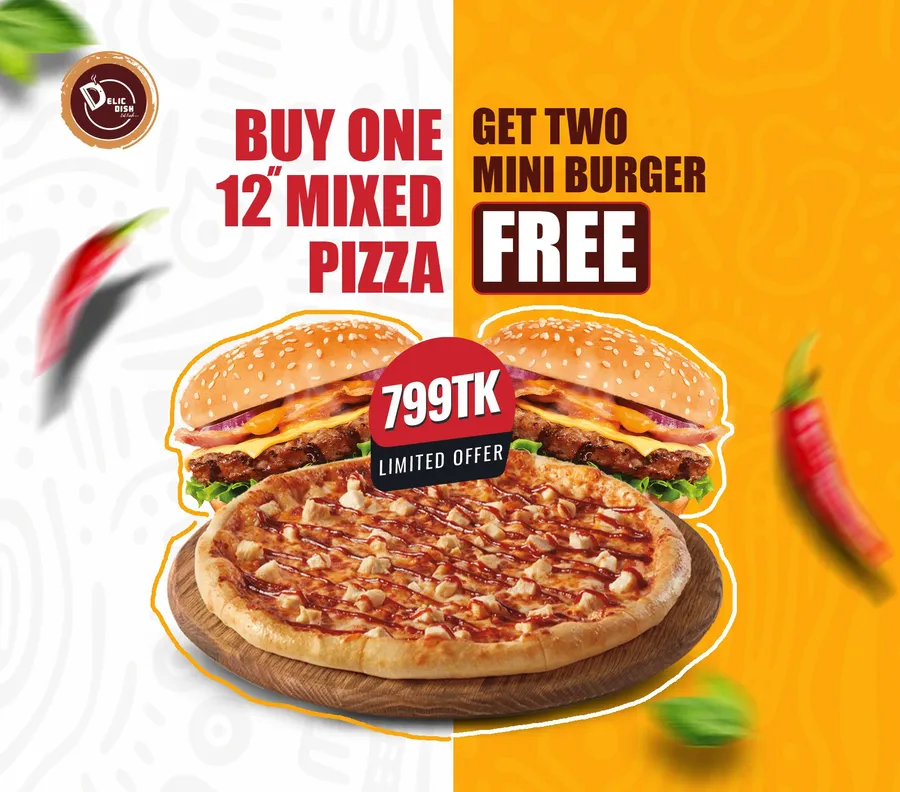 Buye pizza get two burgers free at DELIC DISH