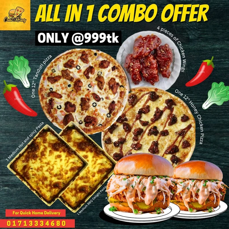 All in 1 Combo Offer | 2 Pizzas | 2 Pastas | 2 Burgers | Four Pieces of Chicken Wings Crust & Bunz