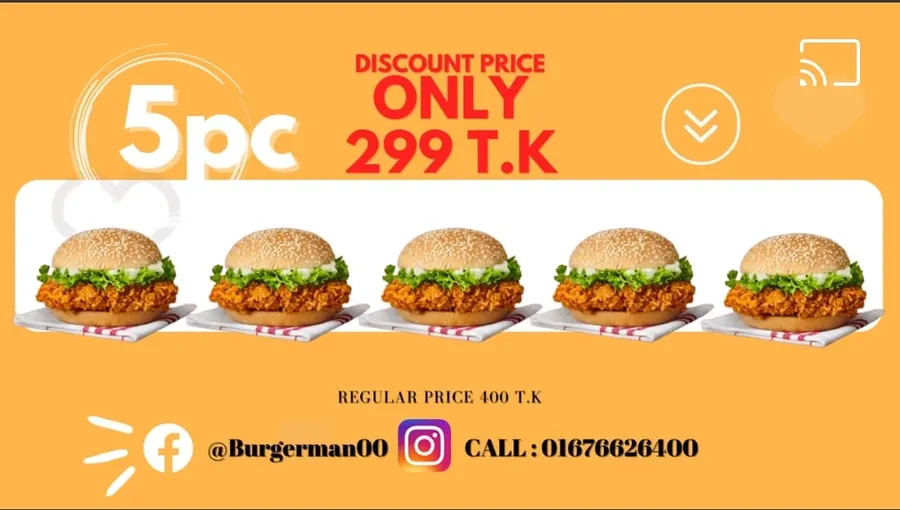 5 pc crispy chicken burger only 299 tk at Burger Man