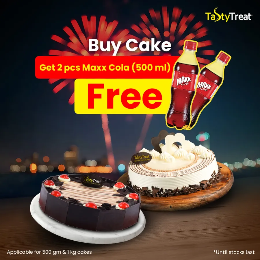 Get refreshing Maxx Cola FREE with any 500 gm or above cake at Tasty Treat