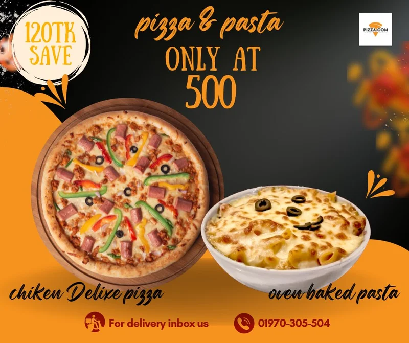 A tantalizing Chicken Deluxe Pizza and an irresistible Oven-Baked Chicken Pasta Only 500 Tk at Pizza.Com Bashundhora R/A