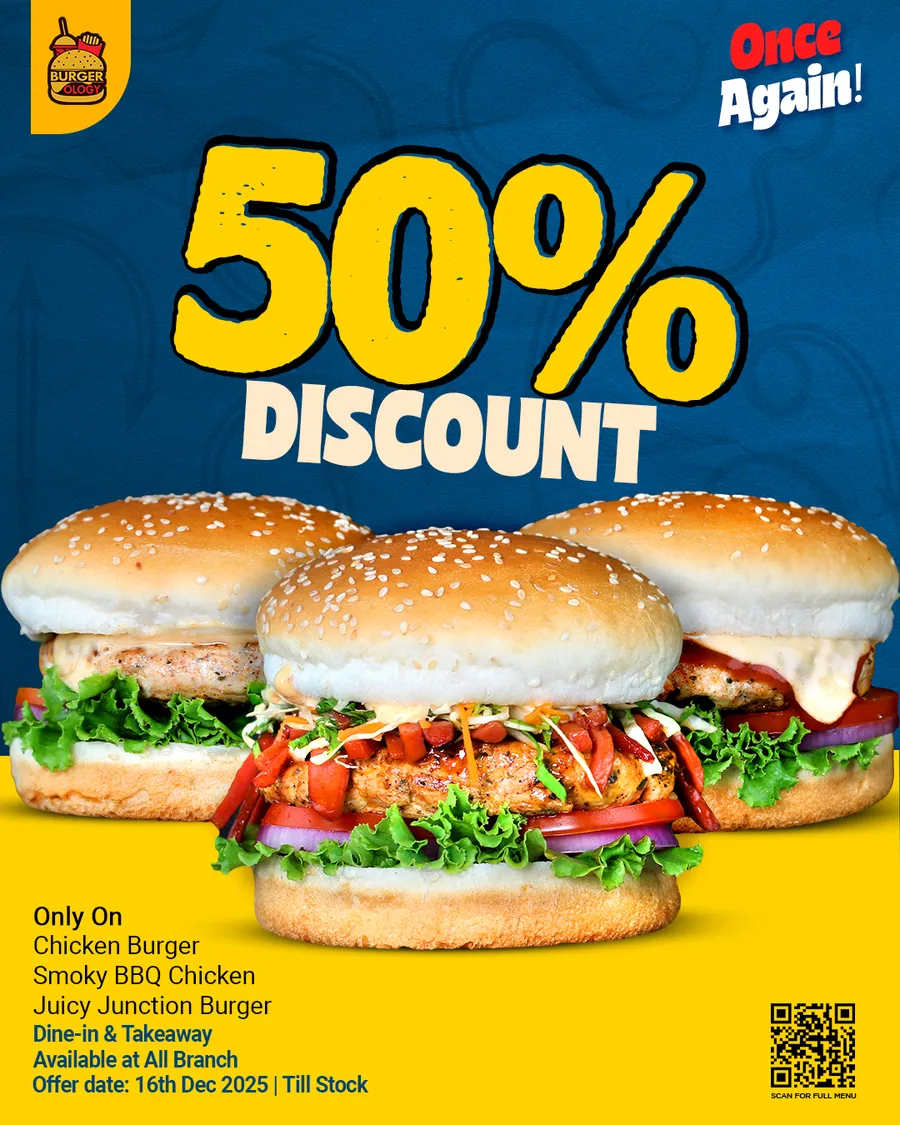 Enjoy 50% OFF on Chicken Burger, Smoky BBQ Chicken & Juicy Junction Burger at Burgerology
