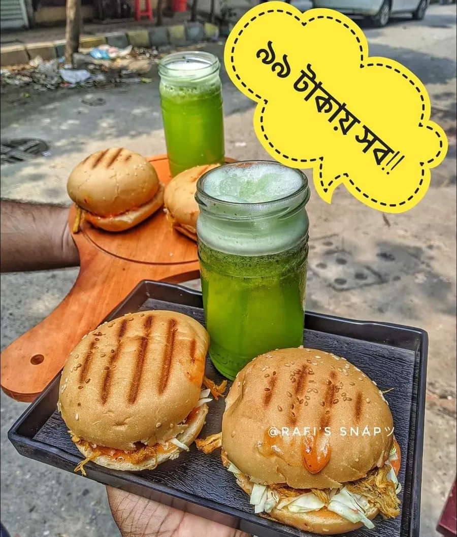 Two burgers and one lemon mint only 99 tk at Tea Time