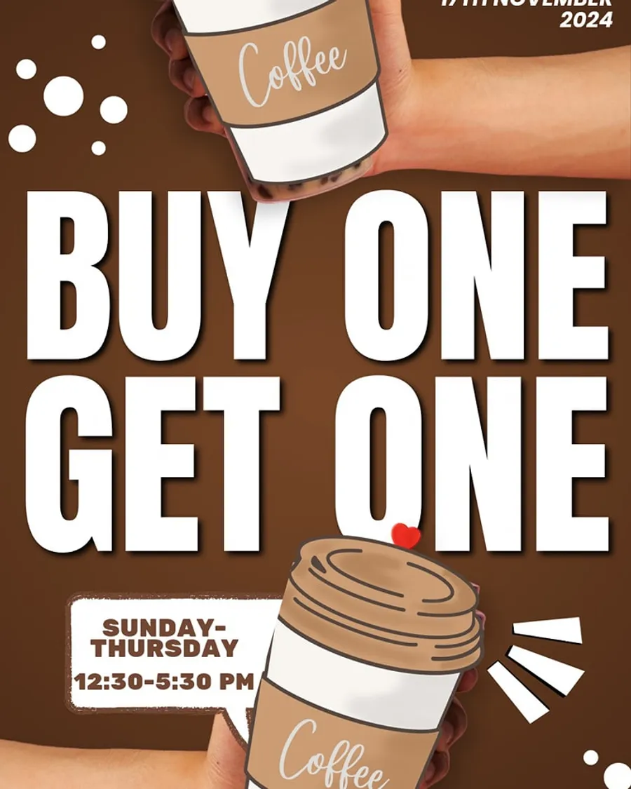 Buy one get one coffee offer at T&C Lounge