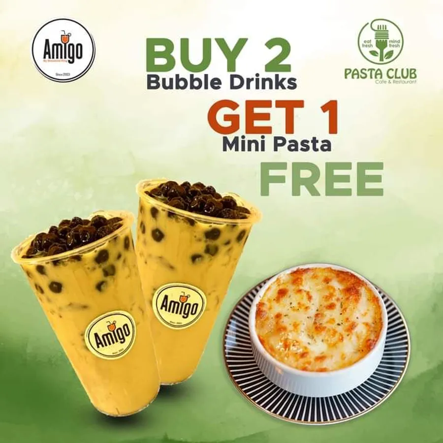 Buy two bubble drinks and get one pasta free at Pasta Club Shonir Akhra