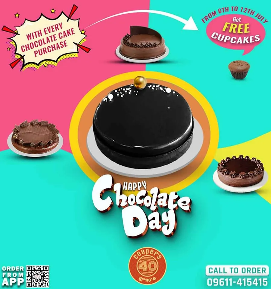 every chocolate cake purchase, get 3 free cupcakes with a 500g cake, and 6 free cupcakes with a 1kg cake at Cooper's Bakery Bangladesh