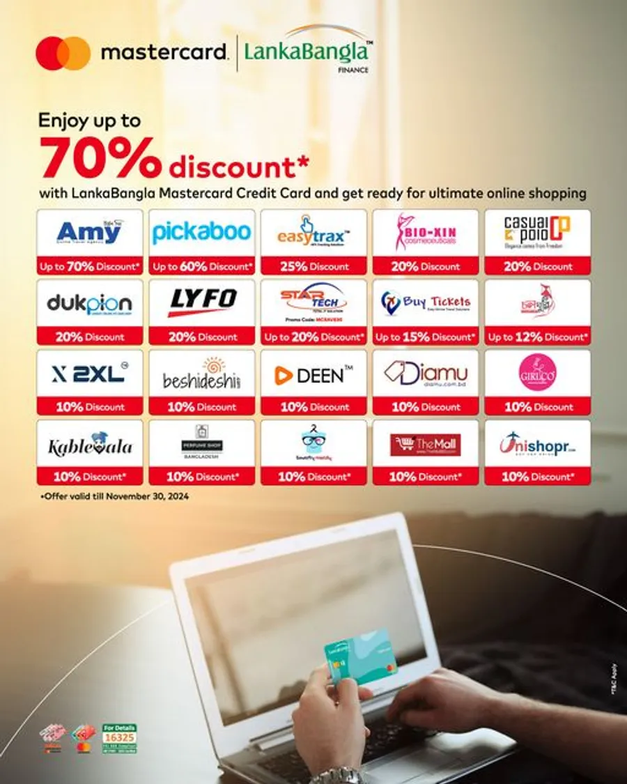 Enjoy up to 70% discount* with LankaBangla Mastercard Credit Card and get ready for ultimate online shopping