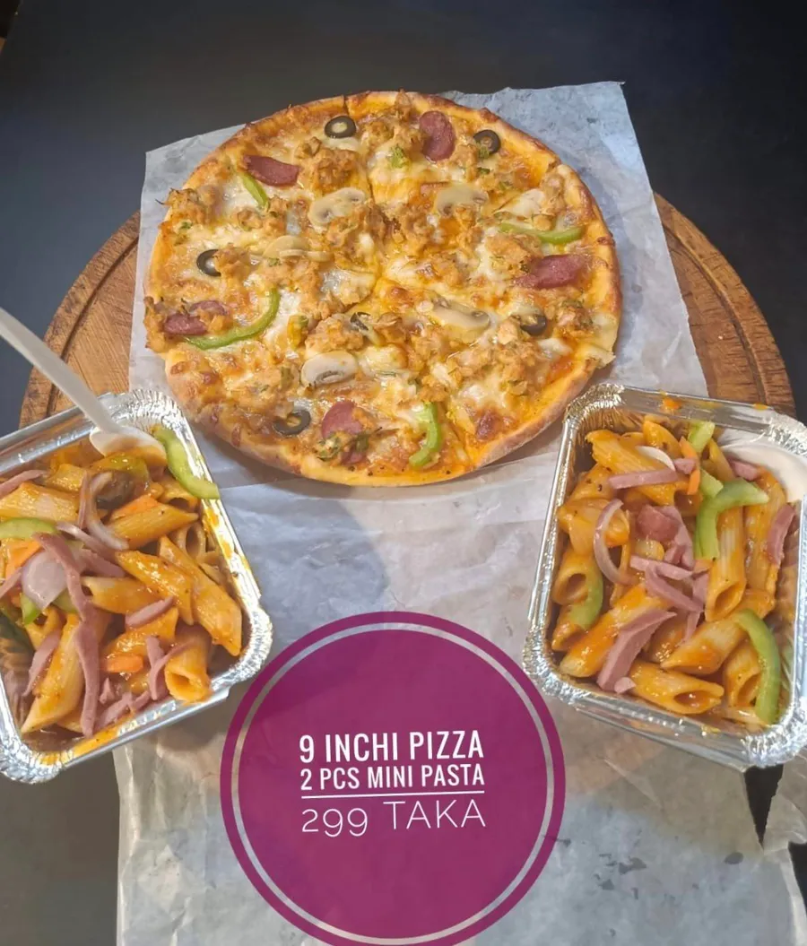 9" Pizza And 2 Pasta Only 299 TK Cowboy Pizza Khilgaon