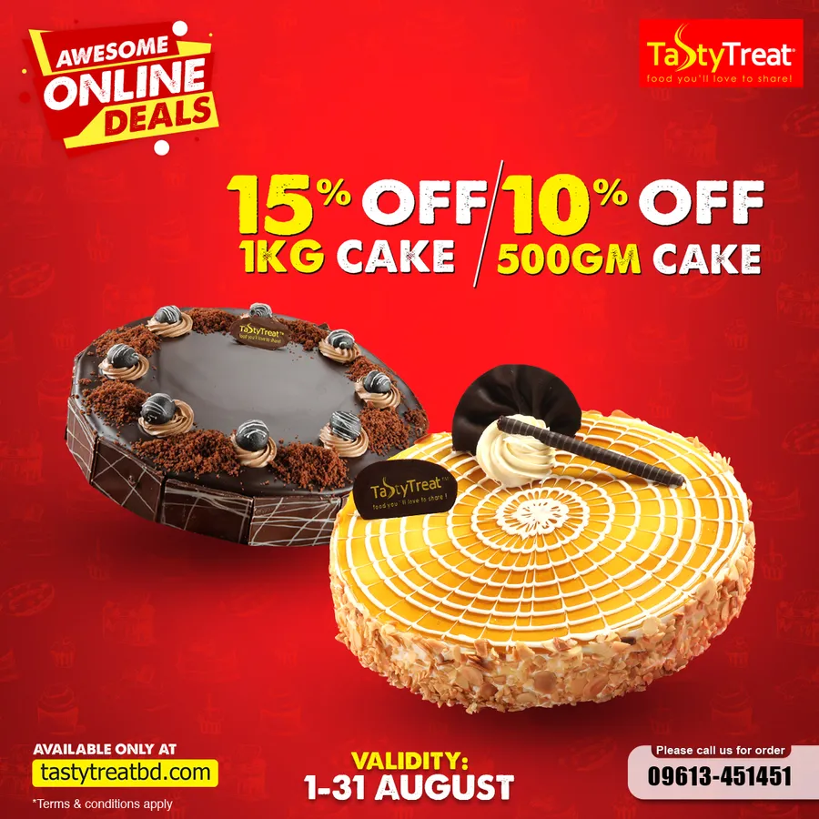 Get 15% OFF On 1 kg Cake And 10% OFF On 500 gm Cake at Tasty Treat