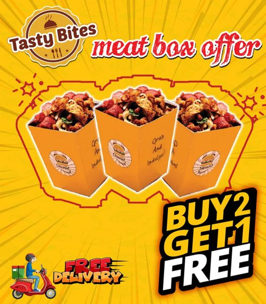 Buy two meatbox and get one meatbox for free at Tasty Bites