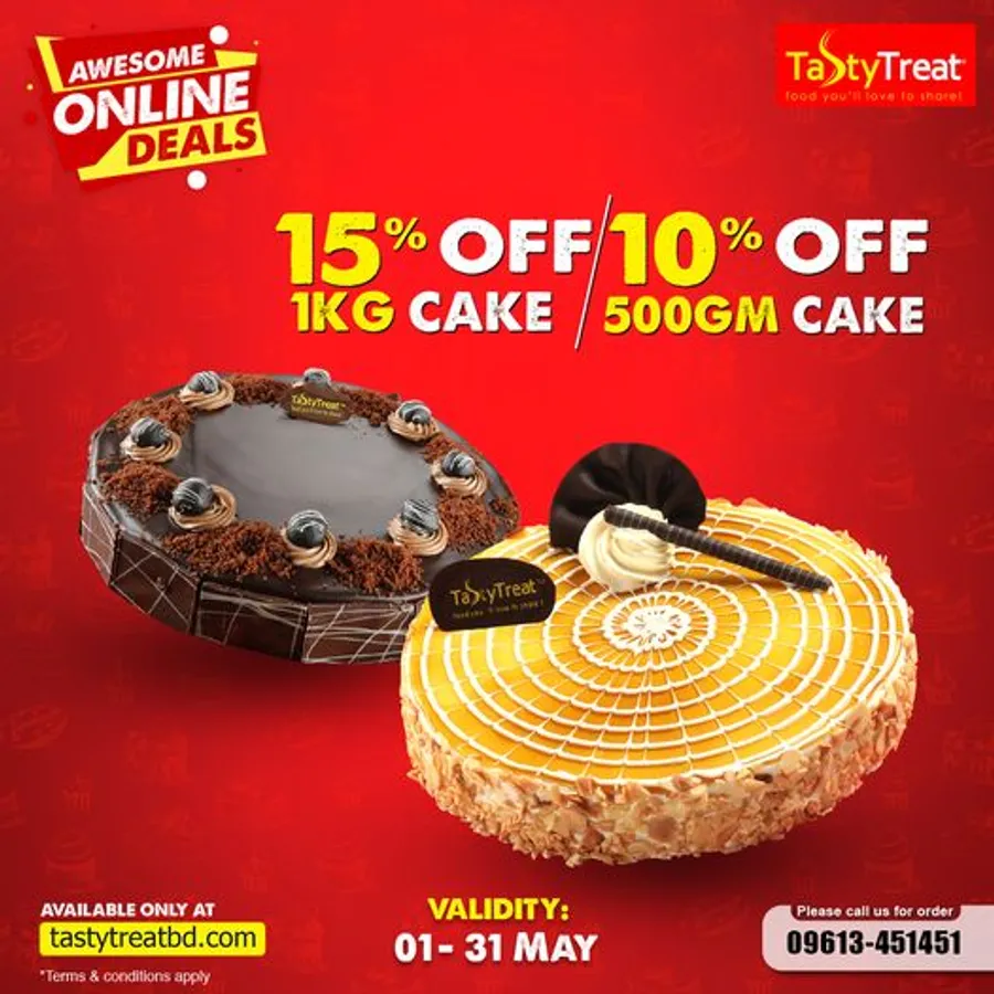 15% OFF for 1kg Cake and 10% OFF for 500 gm Cake only online at Tasty Treat