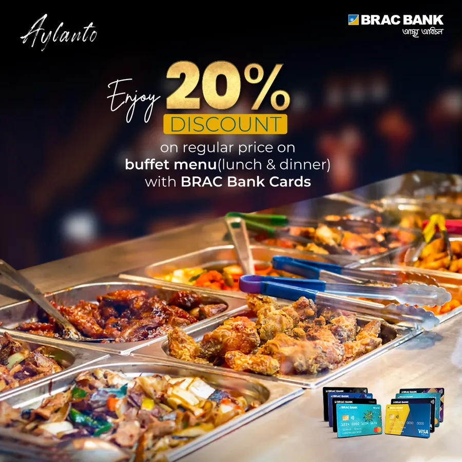 Indulge in exquisite dining at Aylanto restaurant with BRAC Bank Cards - enjoy 20% discount on culinary delights