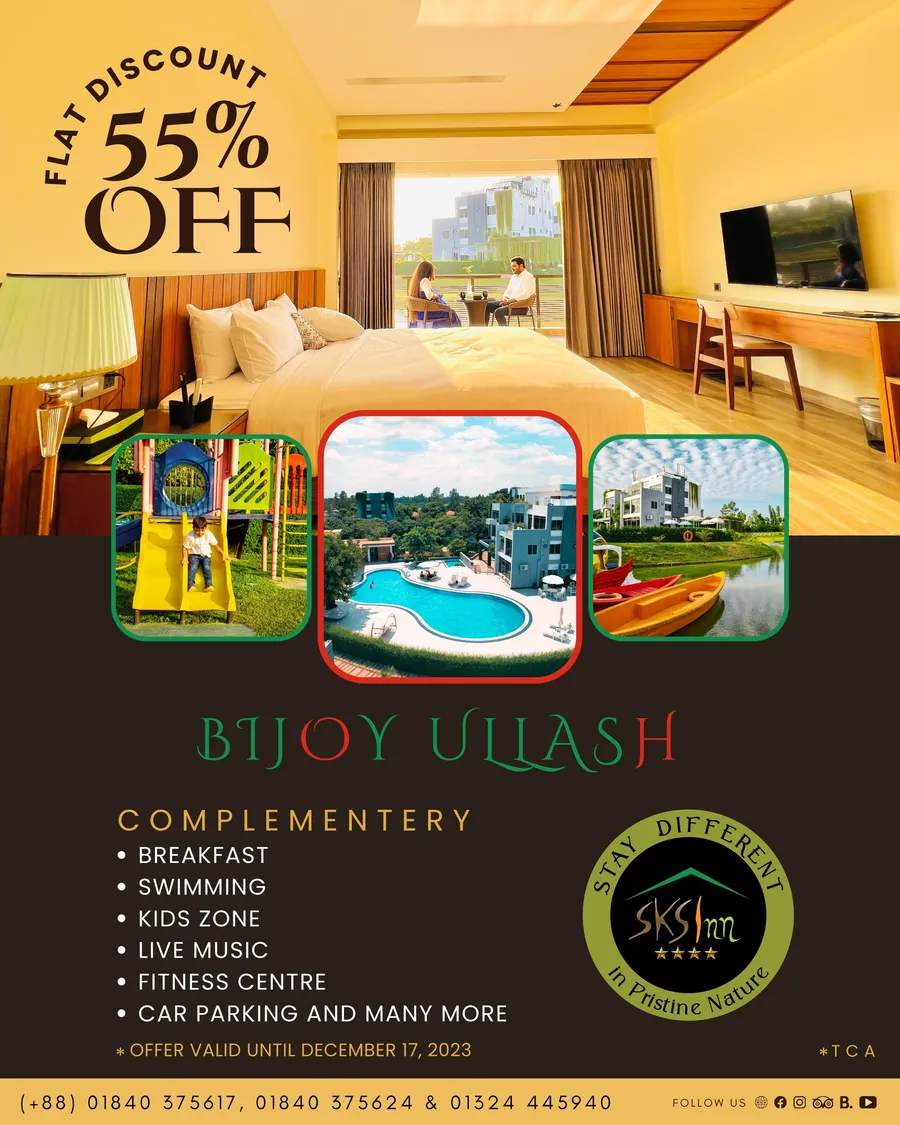 BIJOY ULLASH । 𝗙𝗹𝗮𝘁 𝟱𝟱% 𝗗𝗶𝘀𝗰𝗼𝘂𝗻𝘁 𝗜𝗻𝗰𝗹𝘂𝘀𝗶𝘃𝗲 *Breakfast *Swimming *Kids Zone *Live Music *Fitness Centre *Parking and many more!