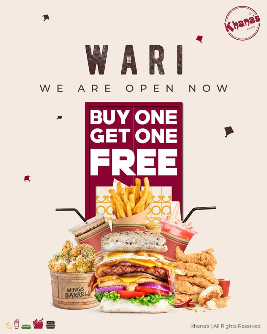 Buy 1 Get 1 on the whole menu at Khana's Wari Branch