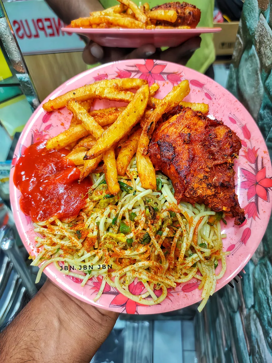 french fries with noodles and fried chicken only 60 tk at mahbub kitchen