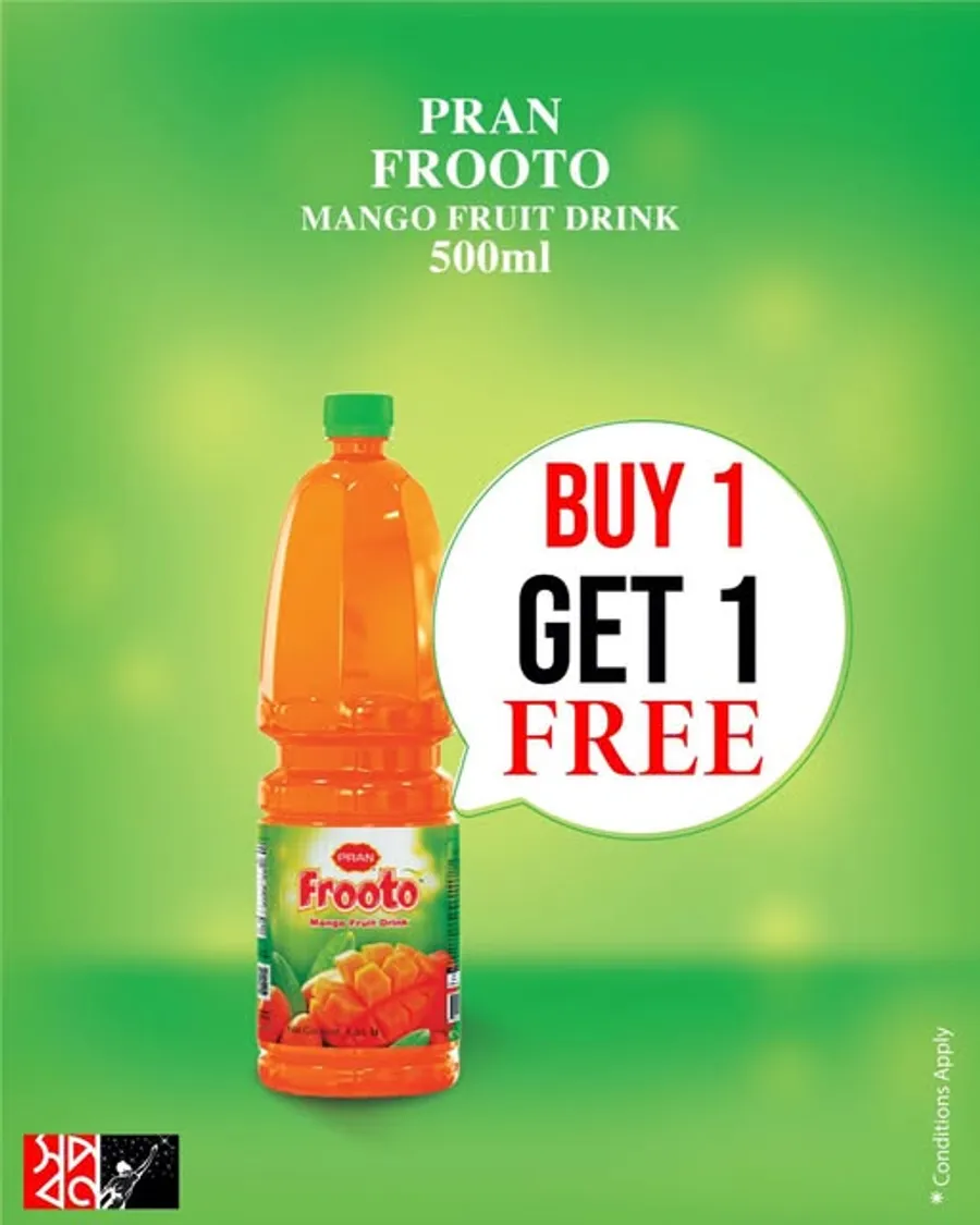 BUY 1 GET 1 FREE OFFER on Pran Frooto Mango Fruit Drink (500 ml) at SHWAPNO